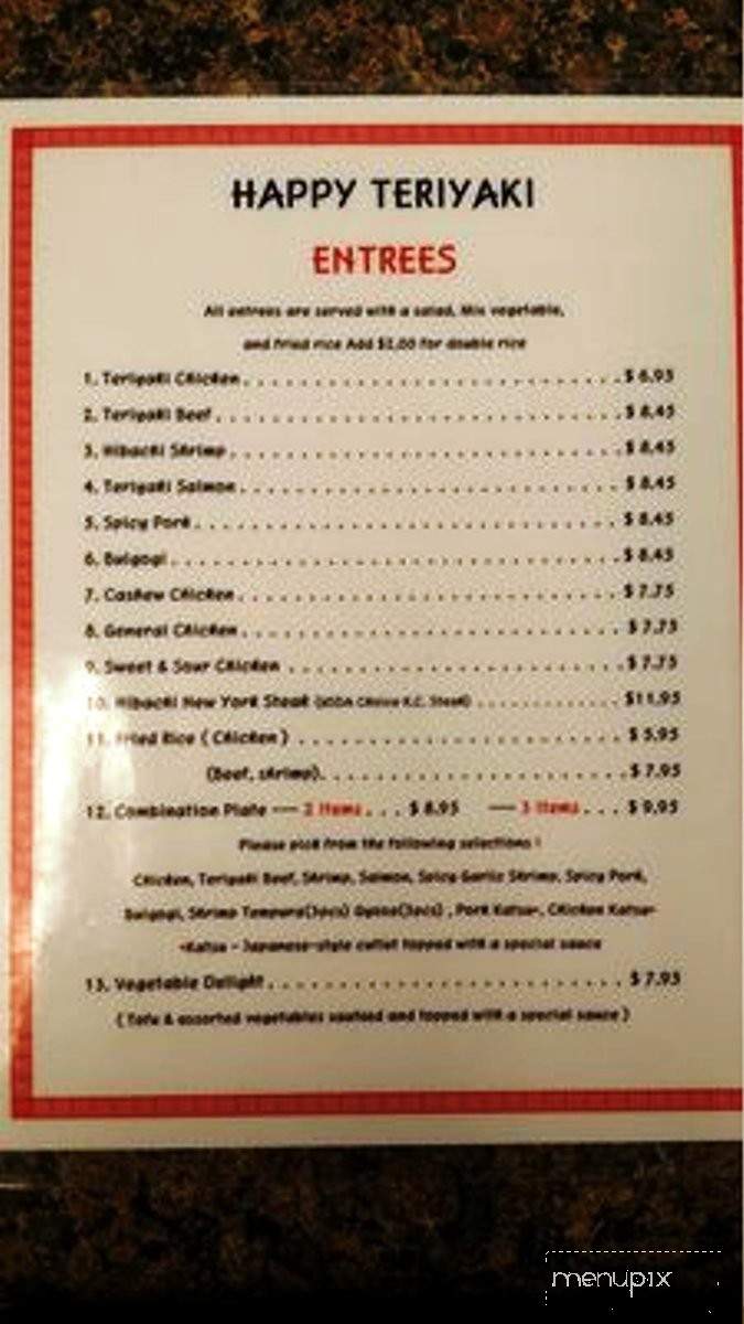Happy Teriyaki - Kimberling City, MO menu_pic