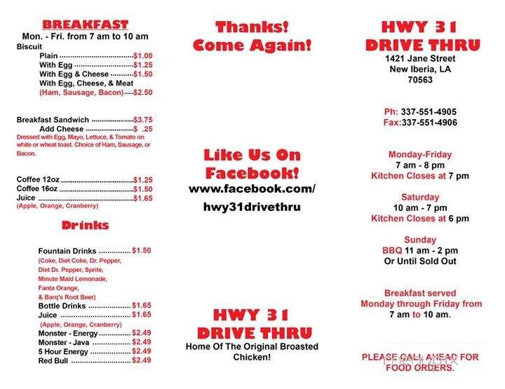 Hwy 31 Drive Thru - New Iberia, LA menu_pic