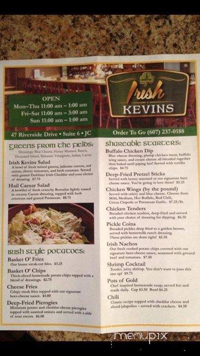 Menu of Irish Kevins in Johnson City, NY 13790