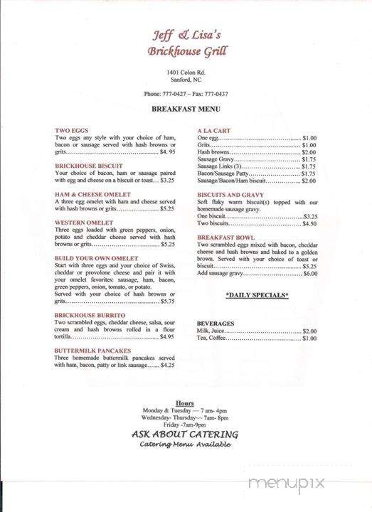 Jeff and Lisa's Brickhouse Grill - Sanford, NC menu_pic