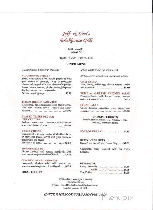 Jeff and Lisa's Brickhouse Grill - Sanford, NC menu_pic