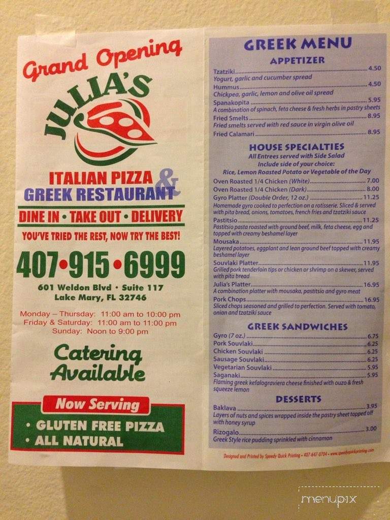 Julia's Italian Pizzeria & Greek Restaurant - Lake Mary, FL menu_pic