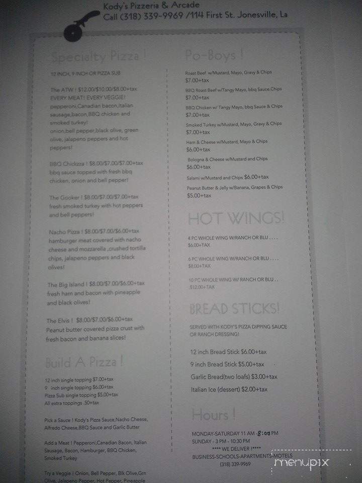 Kody's Pizzeria & Arcade - Jonesville, LA menu_pic