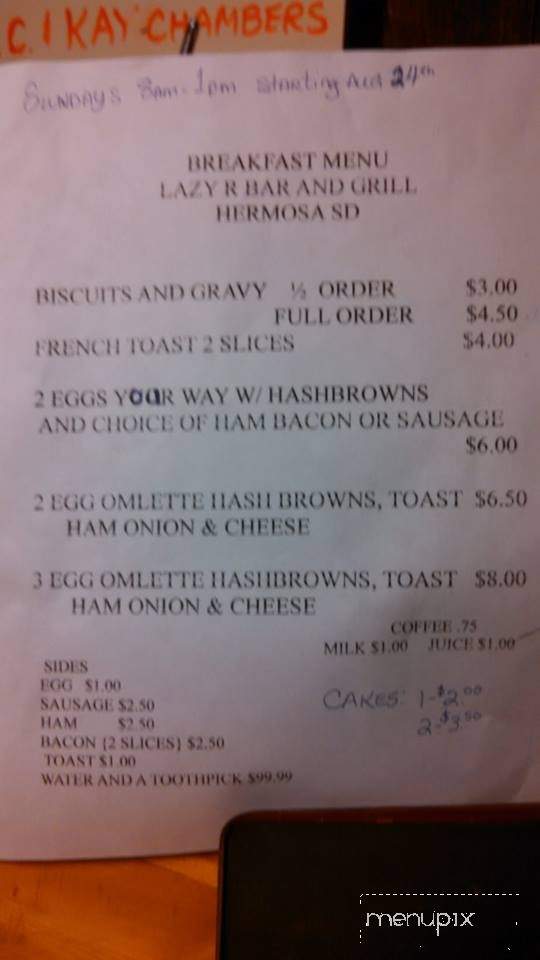 Lazy R Bar & Grill - Hermosa, SD menu_pic
