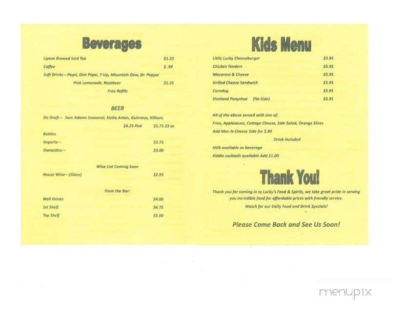 Lucky's Food and Spirits - Sullivan, IL menu_pic