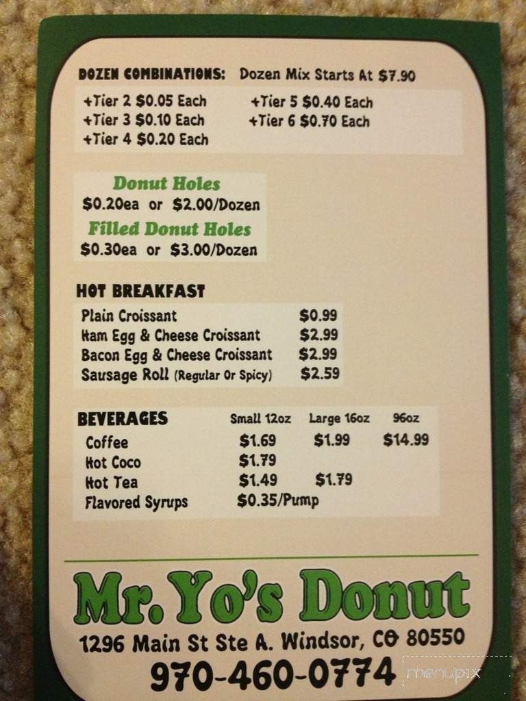 Menu of Mr. Yo's Donut in Windsor, CO 80550