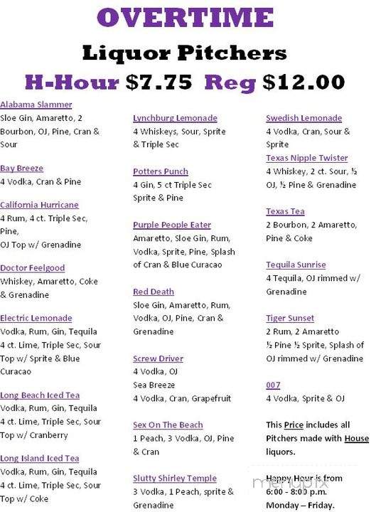 Overtime Sports Bar - Clemson, SC menu_pic
