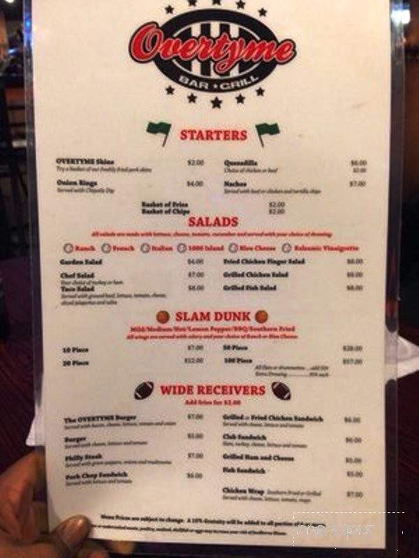 Overtyme Bar & Grill - Macon, GA menu_pic