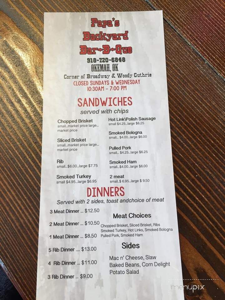Papa's Backyard BBQ - Okemah, OK menu_pic