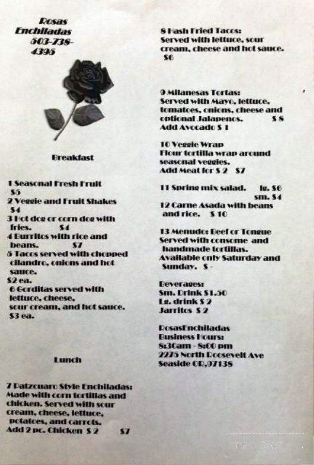 Rosa's Enchilladas - Seaside, OR menu_pic
