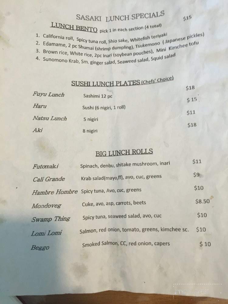 Sasaki Sushi - New Smyrna Beach, FL menu_pic