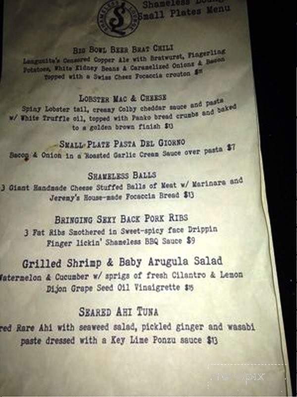 Shameless Lounge with Chef Josh Furman - Key West, FL menu_pic