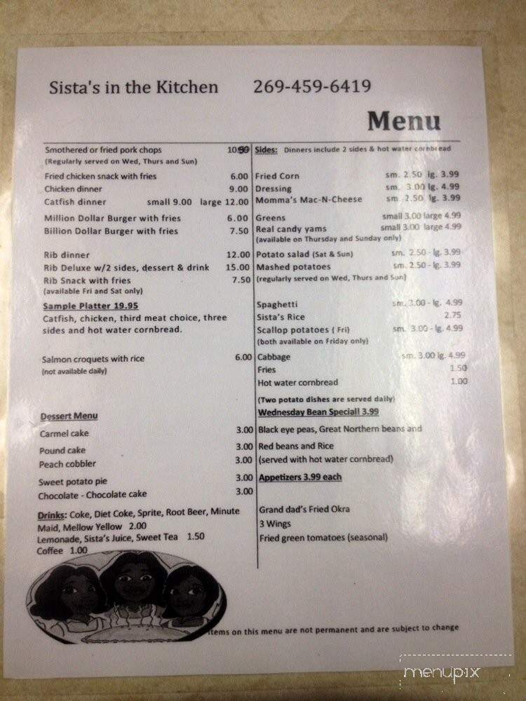 Sistas in the Kitchen - Kalamazoo, MI menu_pic