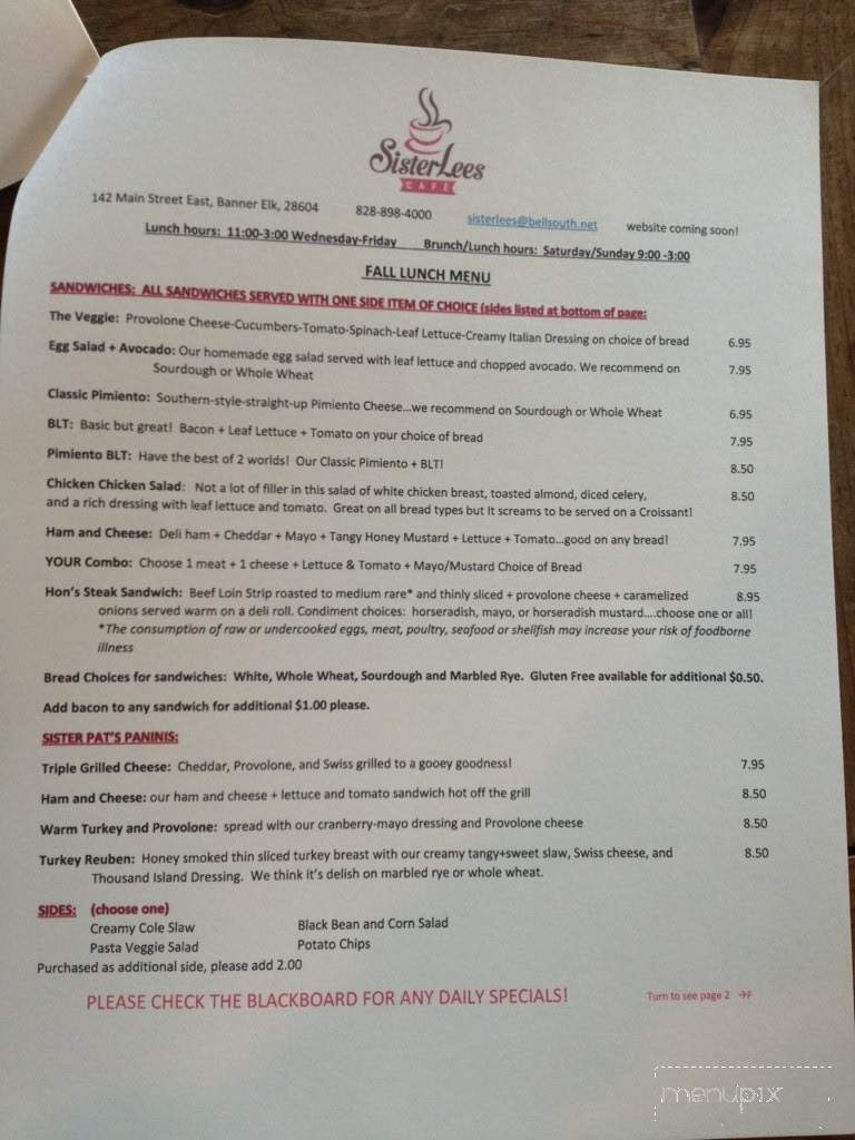 Sister Lees Cafe - Banner Elk, NC menu_pic