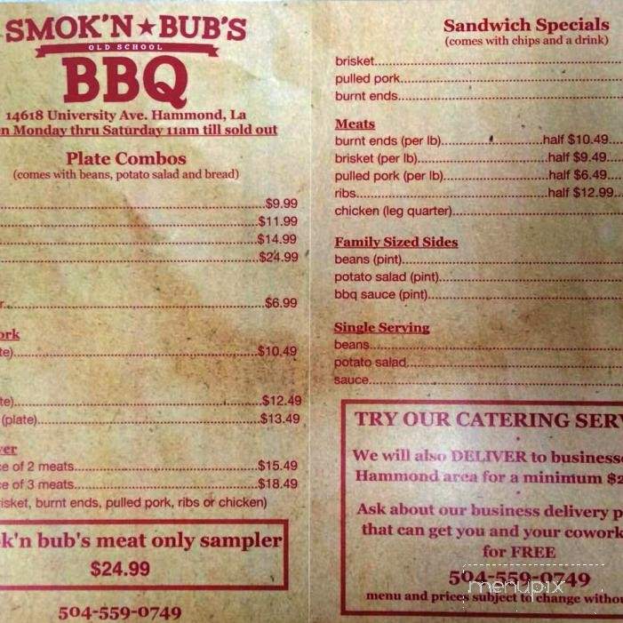 Smok'n Bub's BBQ - Hammond, LA menu_pic
