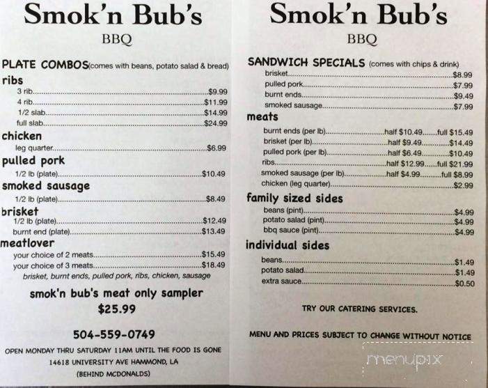 Smok'n Bub's BBQ - Hammond, LA menu_pic