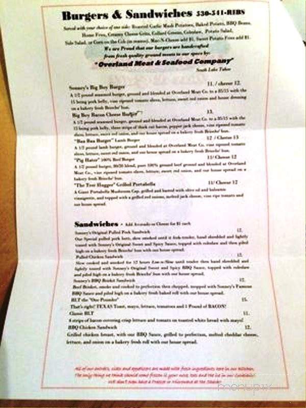 Sonney's BBQ Shack Bar & Grill - South Lake Tahoe, CA menu_pic
