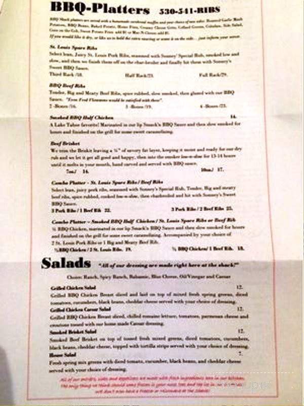 Sonney's BBQ Shack Bar & Grill - South Lake Tahoe, CA menu_pic