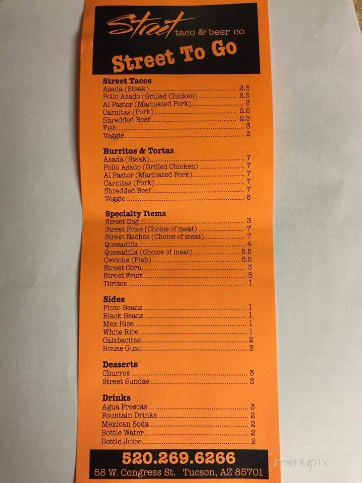 Street Taco and Beer Company - Tucson, AZ menu_pic