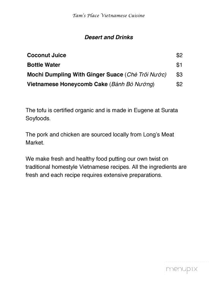 Tam's Place Vietnamese Cuisine - Eugene, OR menu_pic