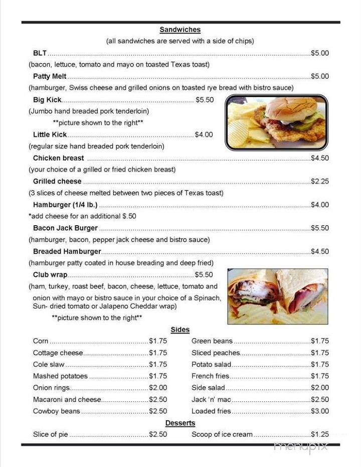 The Kick Back Cafe - Parker City, IN menu_pic