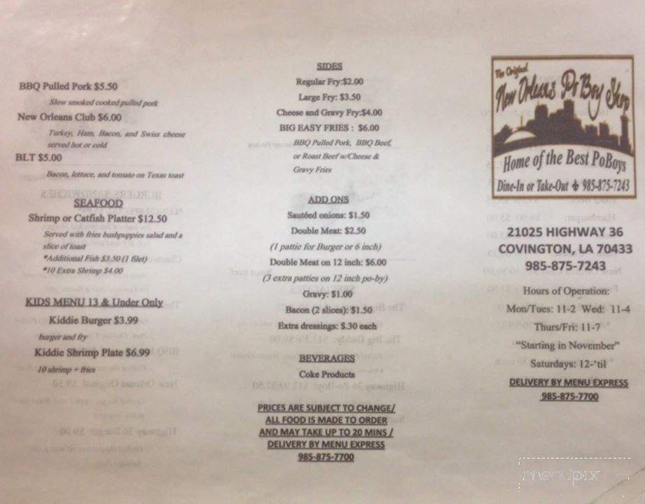The Original New Orleans Poboy Shop - Abita Springs, LA menu_pic