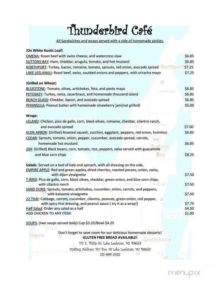 Thunderbird Cafe - Lake Leelanau, MI menu_pic