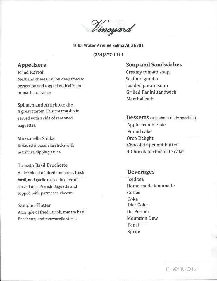 Vineyard - Selma, AL menu_pic