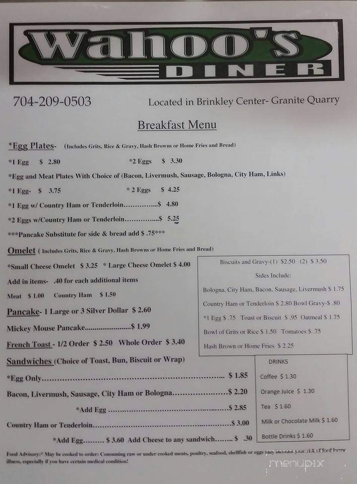 Wahoo's Diner - Granite Quarry, NC menu_pic