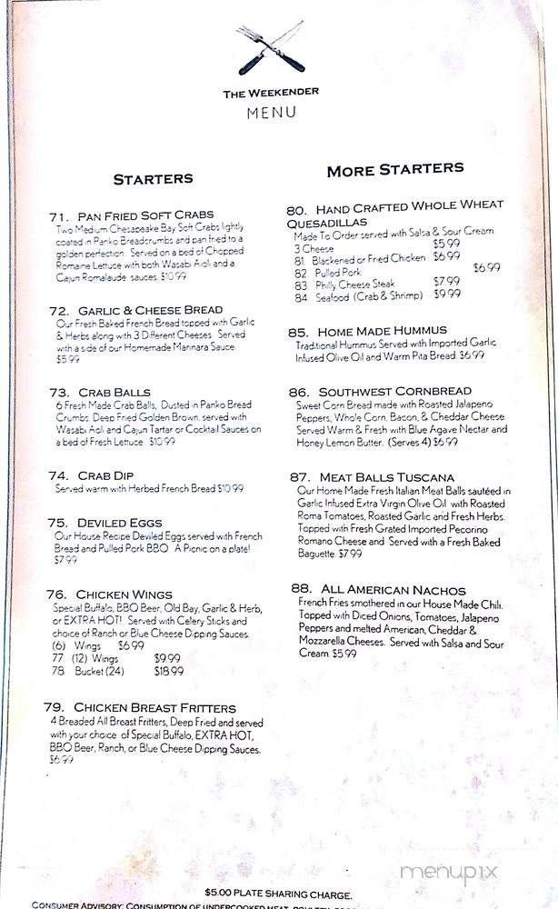 Weekender - Monkton, MD menu_pic