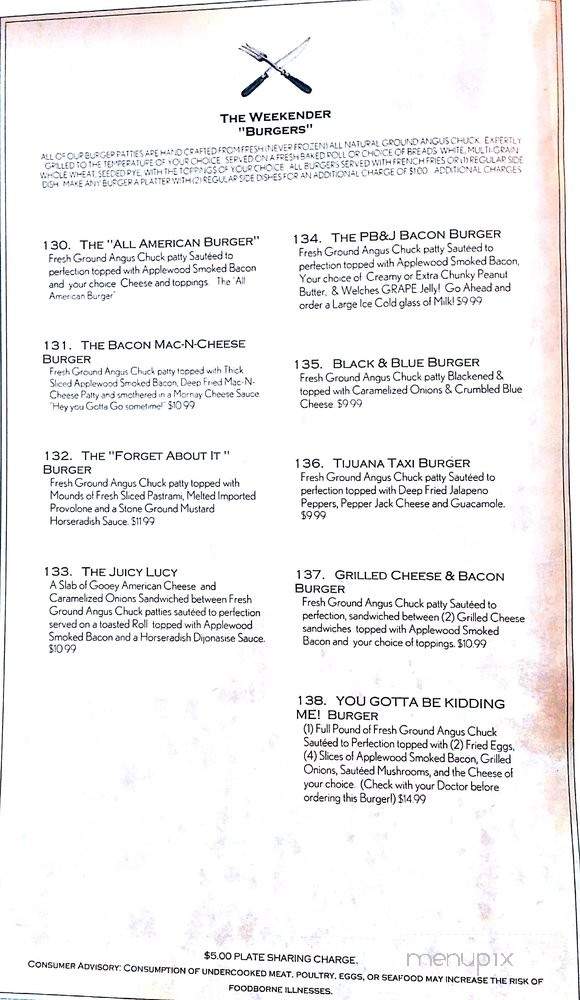Weekender - Monkton, MD menu_pic