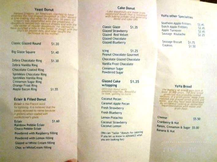 Yo Yo Donuts, Etc - Birmingham, AL menu_pic