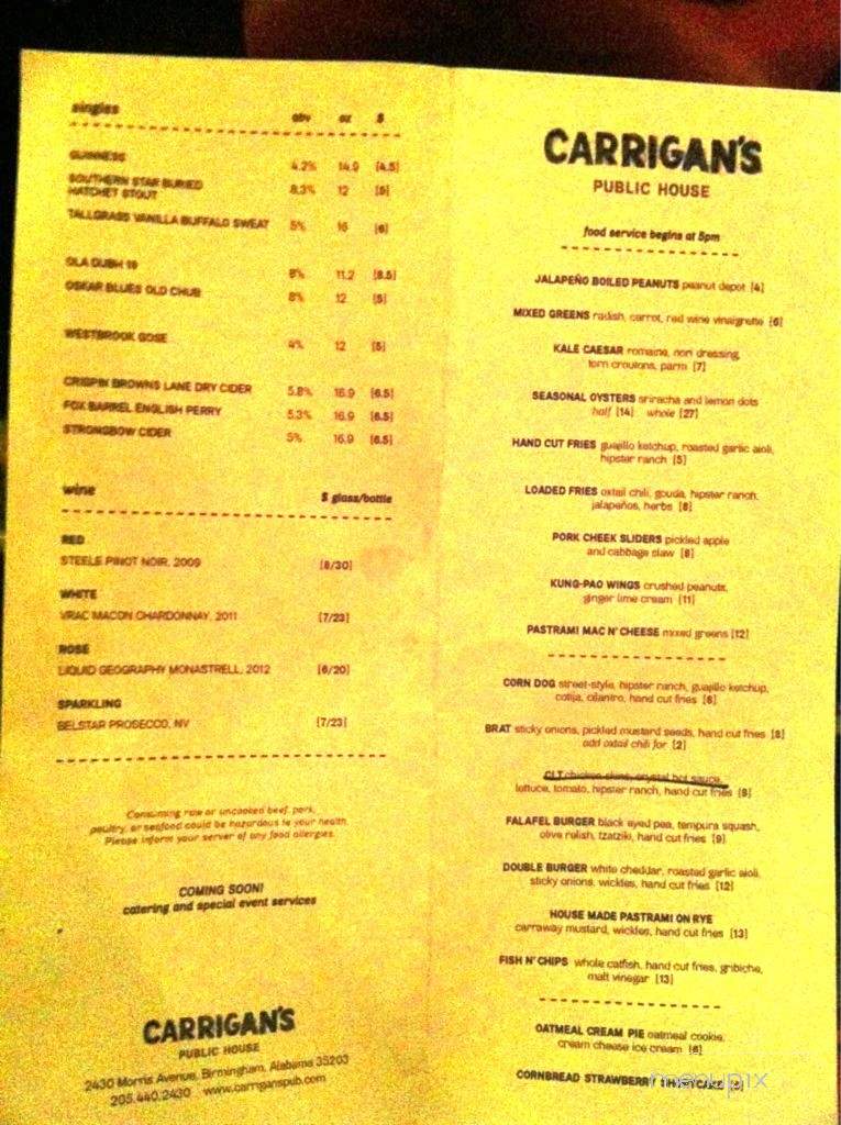 Carrigan's Public House - Birmingham, AL menu_pic