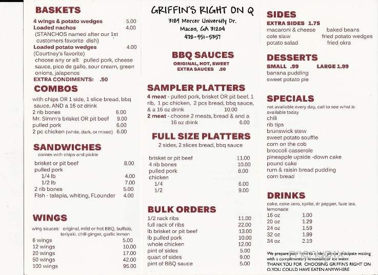 Griffin's Right on Q - Macon, GA menu_pic