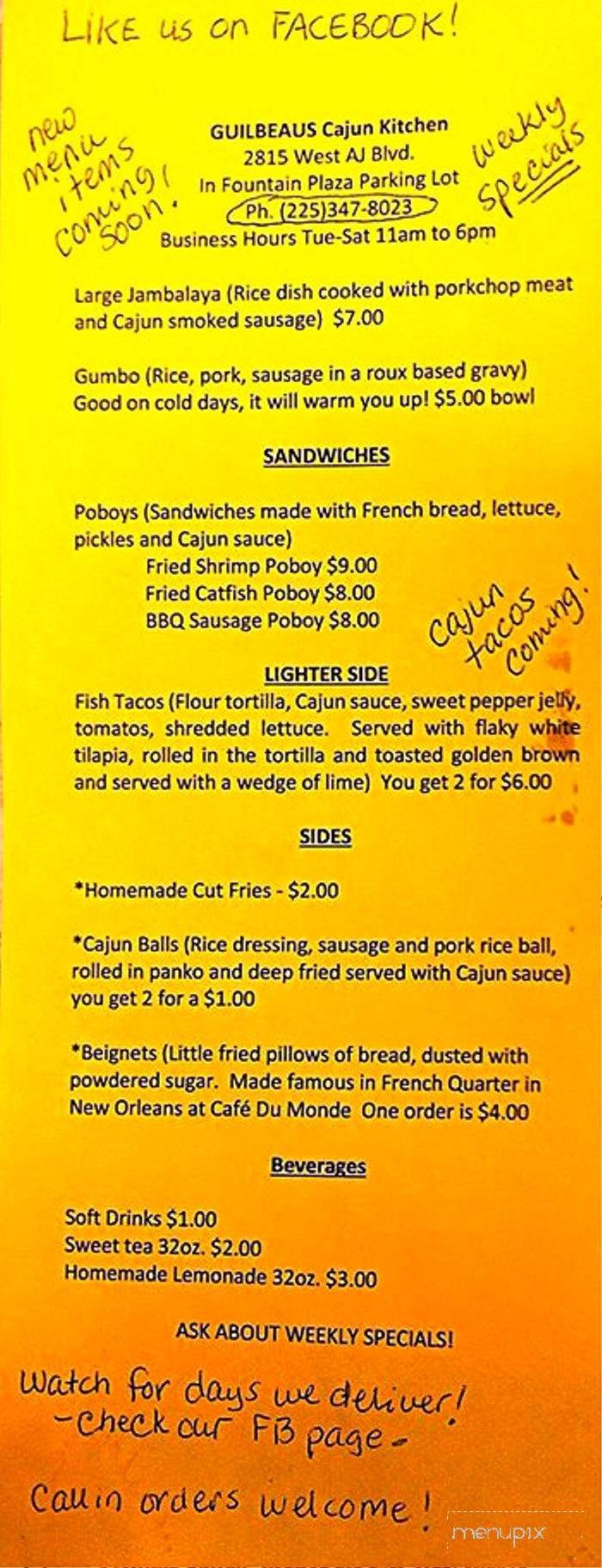 Guilbeau's Cajun Kitchen - Morristown, TN menu_pic