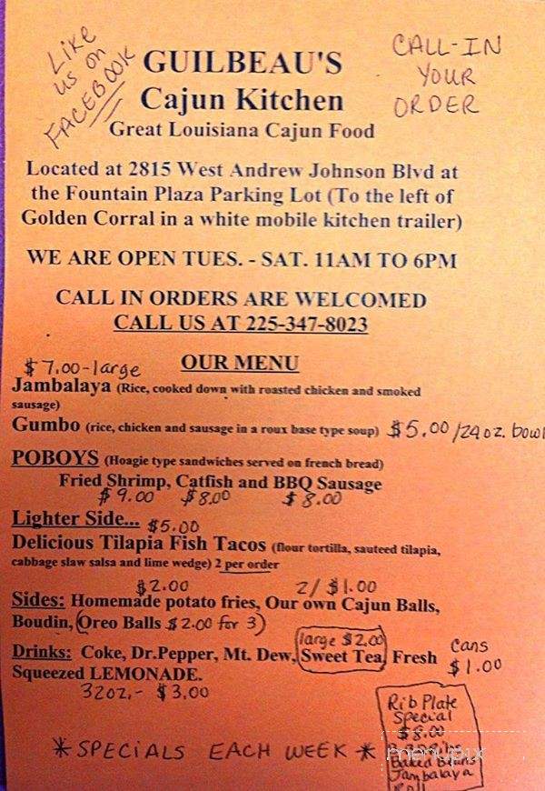 Guilbeau's Cajun Kitchen - Morristown, TN menu_pic