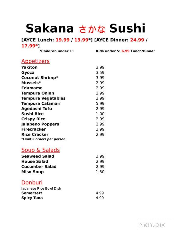 Sakana Sushi Bar and Japanese Restaurant - Reno, NV menu_pic