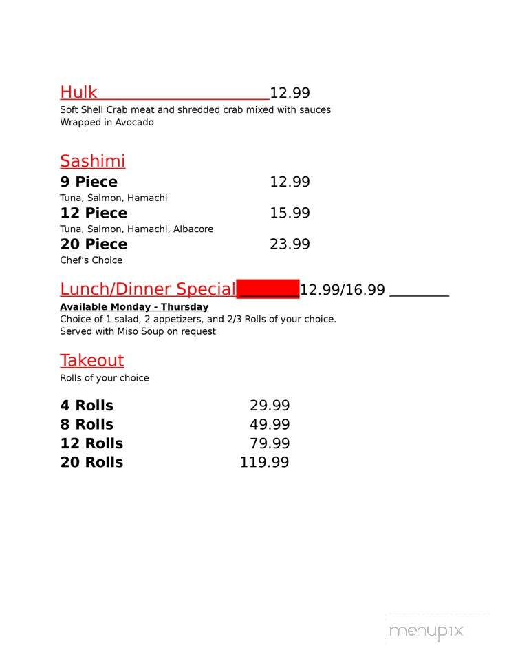 Sakana Sushi Bar and Japanese Restaurant - Reno, NV menu_pic