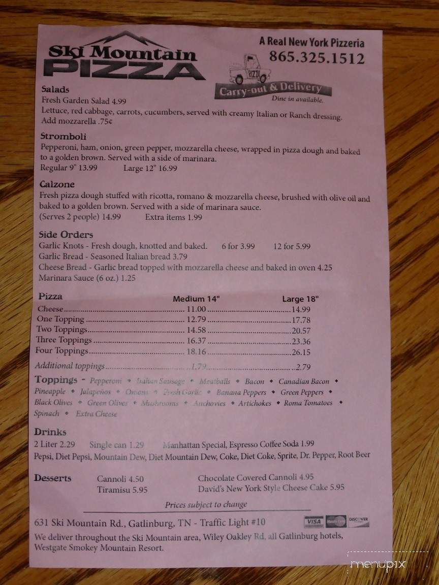 Ski Mountain Pizza - Gatlinburg, TN menu_pic