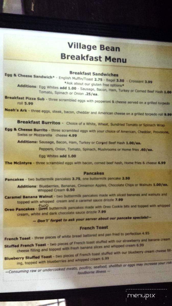 Village Bean Cafe - Glocester, RI menu_pic