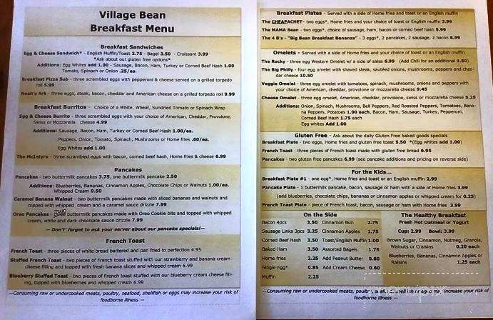 Village Bean Cafe - Glocester, RI menu_pic
