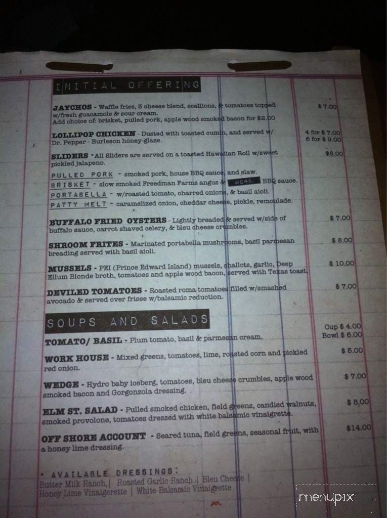 Work Bar & Grill - Dallas, TX menu_pic