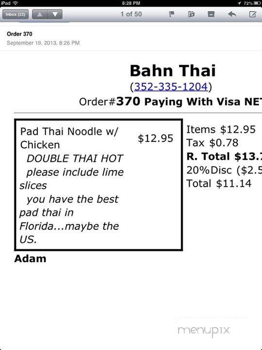 Bahn Thai Restaurant - Gainesville, FL menu_pic