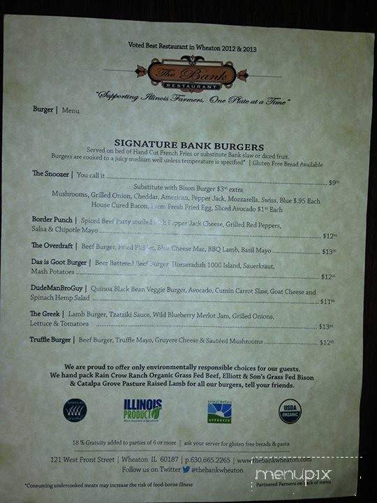 Bank Restaurant Bar LLC - Wheaton, IL menu_pic
