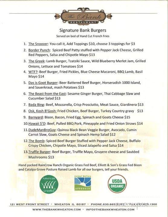 Bank Restaurant Bar LLC - Wheaton, IL menu_pic