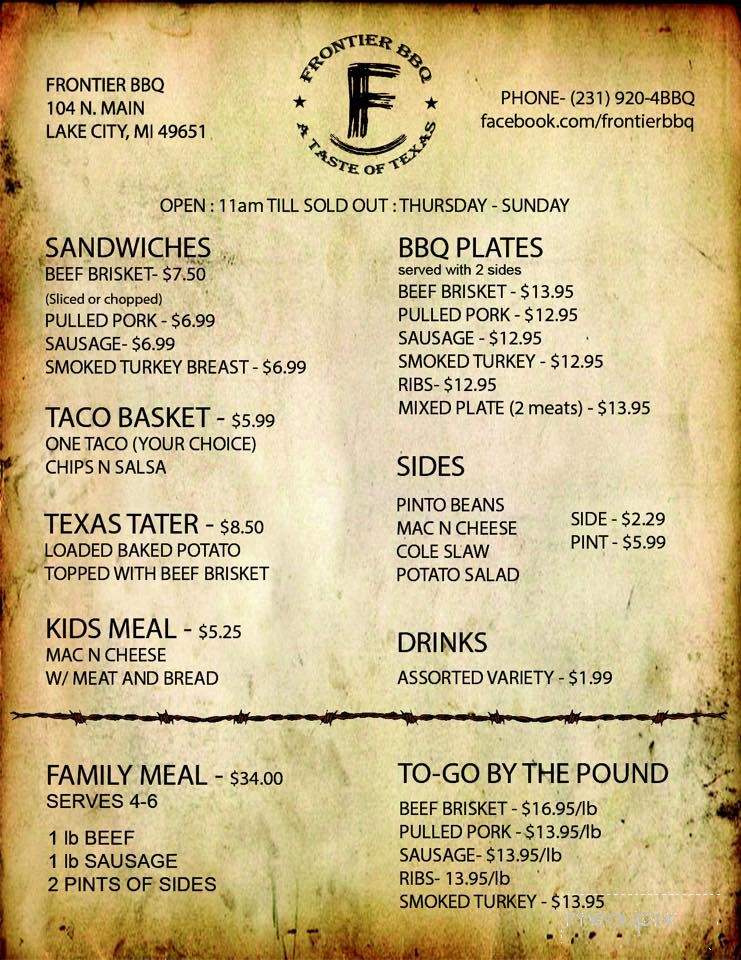 Frontier BBQ - Lake City, MI menu_pic