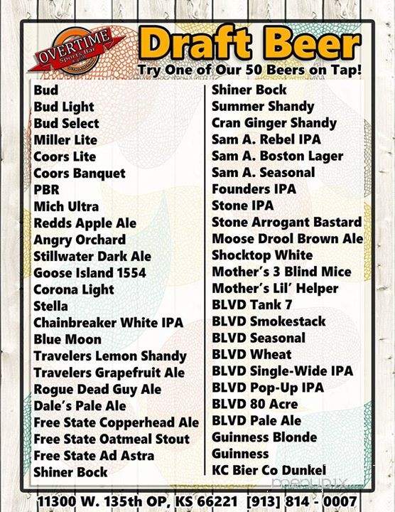 Overtime Sports Bar and Grill - Overland Park, KS menu_pic
