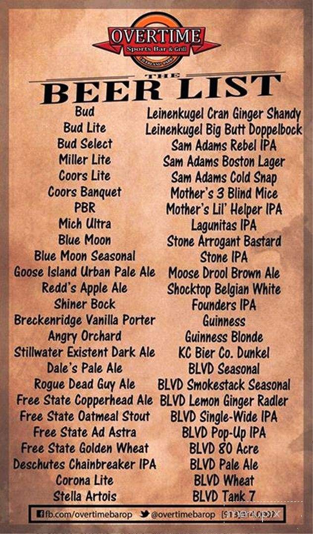 Overtime Sports Bar and Grill - Overland Park, KS menu_pic