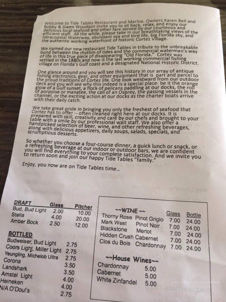 Tide Tables Restaurant - Cortez, FL menu_pic