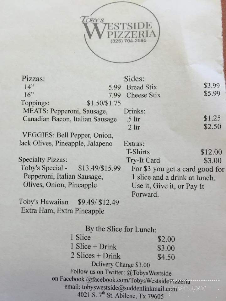 Toby's Westside Pizzeria - Abilene, TX menu_pic